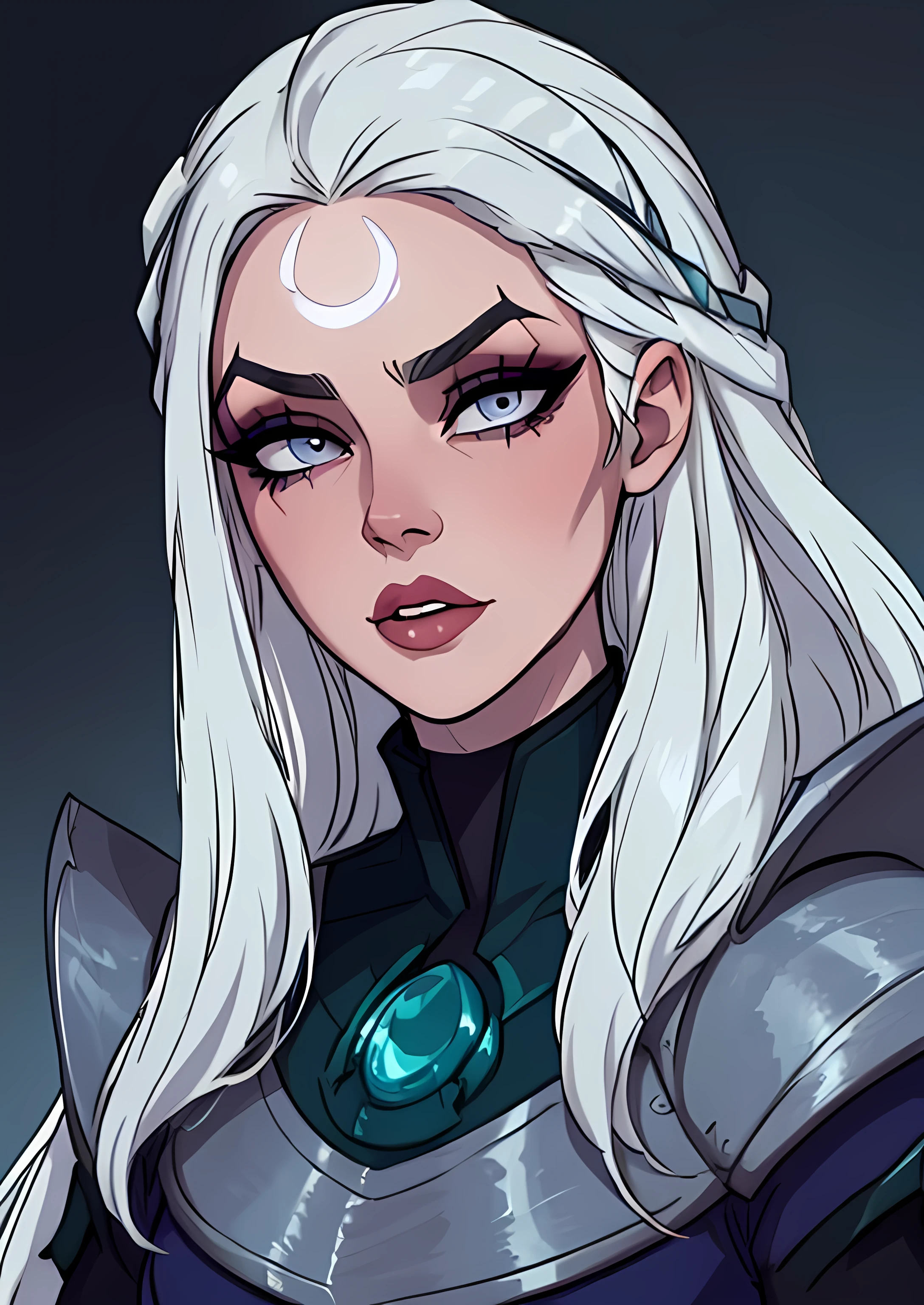 masterpiece, best quality, 1female, beautiful, face portrait, intense makeup, gray eyes, very pale skin, shy, mad, long hair, white hair, diana \(league of legends\), deep dark makeup