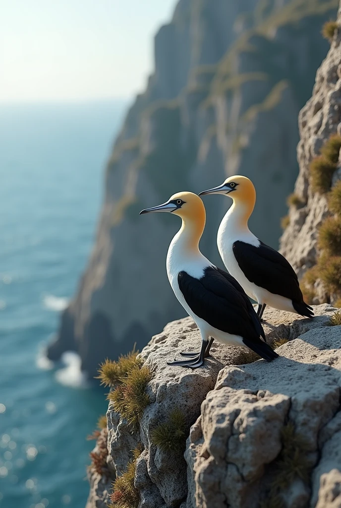 1 adult male and 1 female gannet on a cliff