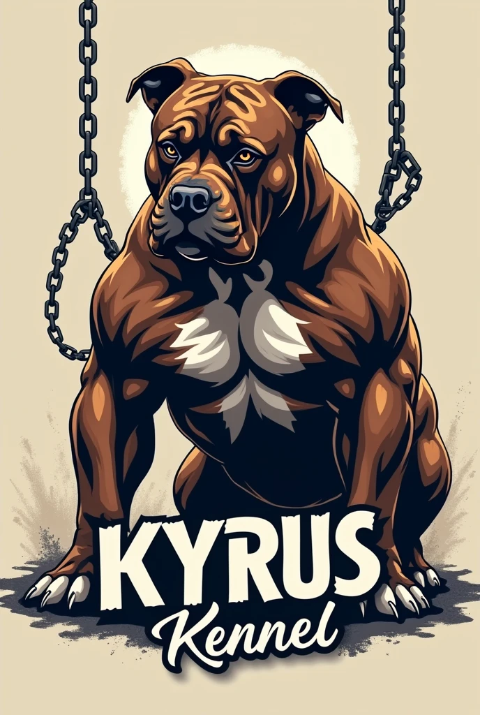 Make a logo image with a full body adult American Bully lowered raw with some chains with the name Kyrus Kennel highlighted