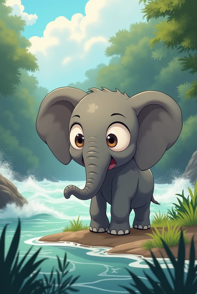 2d, Simple and cute, with gentle colors like a picture book , 8k, Highest quality,cute,Big anime eyes,流れの激しいアマゾンriverの手前の陸に立つ象(image: elephant, river),Anxious expression