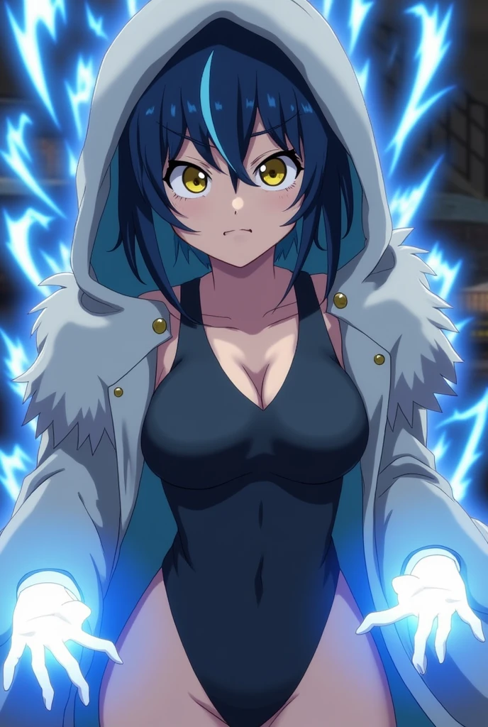 Screenshot of my hero academy, Girl with navy blue hair and lighter blue streaks, yellow eyes, Light skin and a slightly confused, frowning expression. While wearing a dark suit that covers his torso and even above his thighs,Her suit leaves her chest uncovered. (Your suit at the bottom is like a thong type) While wearing a furry grey coat, He wears the hood of his coat over his head.,He is wearing dark wide trousers, And some white gloves, While around it there are some blue rays, And blue rays also come out of his hands.
