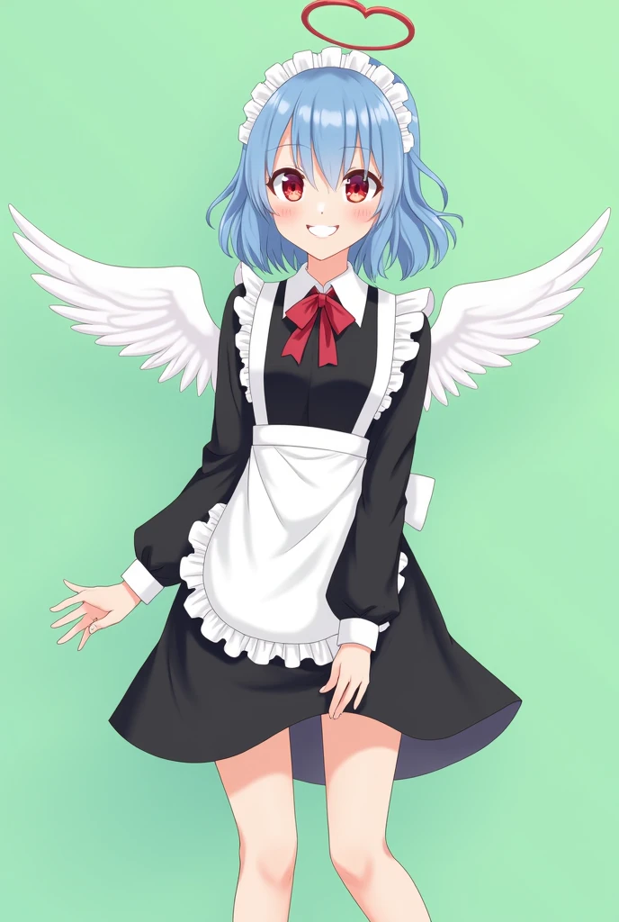 
Maid cafe maid with short blue hair, Red eyes, a sensual and happy expression, age range between 18 and 26 years, with angel wings, black uniform, anime style completely in 2D, with pastel colors, with a completely flat and green background