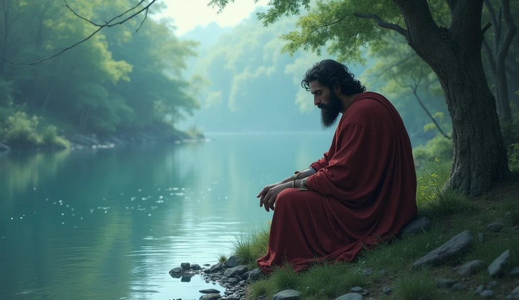 Samson sitting by the river, looking at the reflective waters. The atmosphere is quiet, with soft colors like blue and green. The expression is one of contemplation and regret.