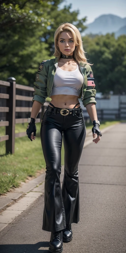 8k, masterpiece, best quality, ultra-detailed, sonyablade, 1girl, solo, long hair, blonde hair, cute blue eyes, breasts, choker, crop top, cropped green jacket, black fingerless gloves, full body, highleg panties, jacket, combat boots, lipstick, makeup, (abs:0.3), midriff, navel, black pants(Wide flares on pants:1.2),
