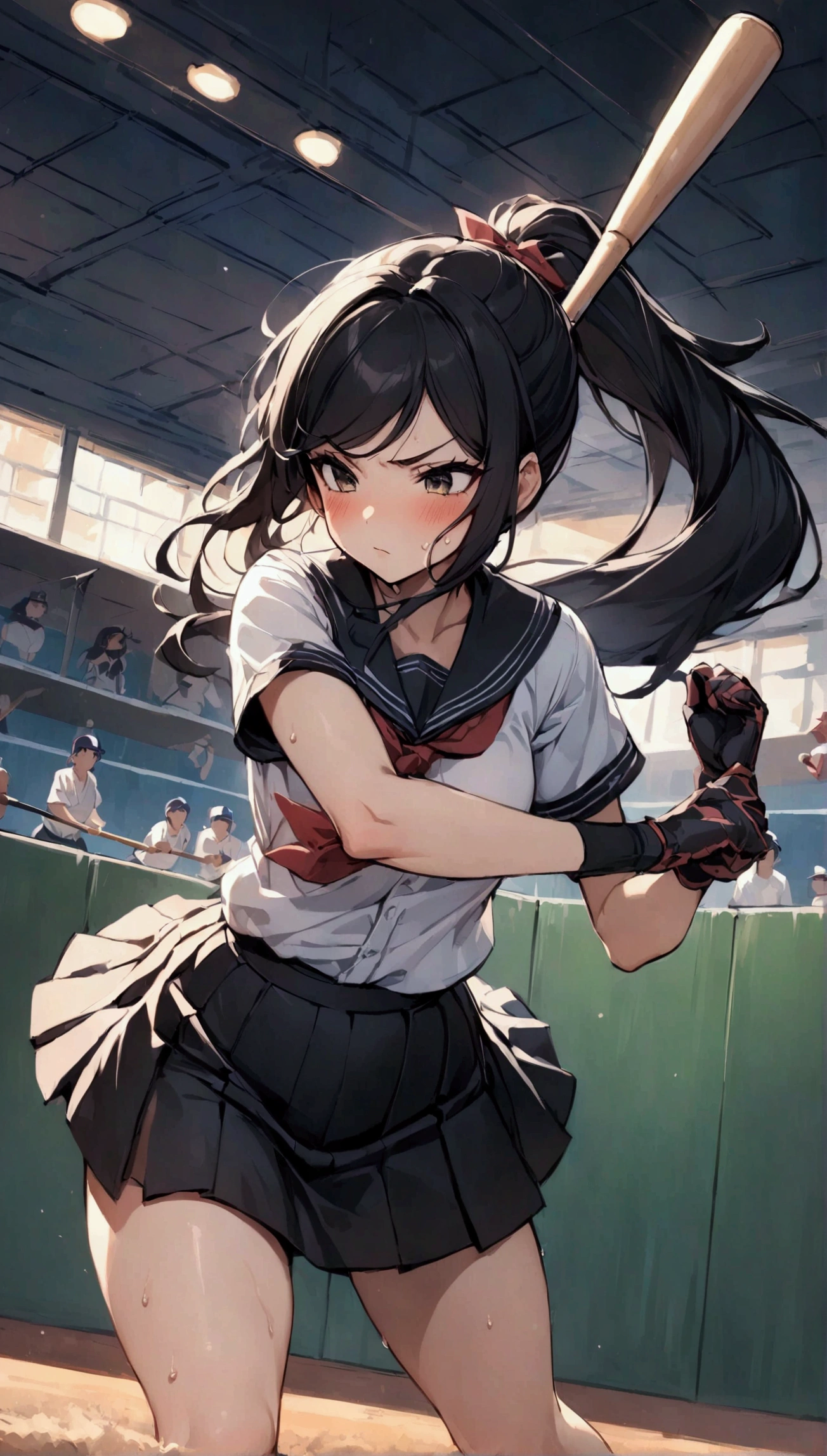 {{Baseball bat-swing:1.8}}．Animated image of a player swinging a baseball bat at a ball,{{action}},{{Baseball bat-swing, skirt flips up, glimpse of black shorts:1.8}},striking out swinging,Black shorts in skirt,Cartoonish ,Line of effect,JK,1girl, solo, athlete body,{{swing a baseball bat:1.8}},Baseball bat,swing,twist,Rotation and twisting of the body,{{masterpiece}}, {{{Highest quality}}},{{Very detailed}},cowboy shot, dutch angle,Dynamic composition, A high school girl is swinging and missing at a batting cage,school uniform,mini skirt,Short sleeve blouse　clavicle　Knee-high socks　 Speed Line　Motion Lines　,Batting Center,Bat,Sweat,Bad mood, be flustered,frustrating,{{v-shaped eyebrows}},Bad mood,blush,Sweat,raise one's eyebrows　,Black Hair,batting glove,Indoor batting center,sidelong glance,Black Skirt,Long Hair,ponytail,Black shorts,Above the baseball batter's box
