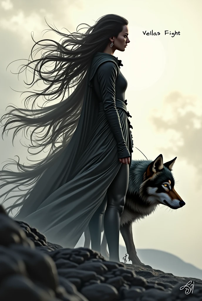 Create an image of a woman with a wolf, the two of them standing in profile with the girl&#39;s hair in the wind and the wolf resting on her neck with the name Delas fight, Centered on image 