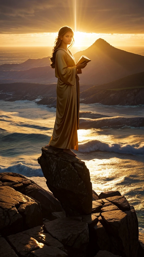 “A powerful, serene figure standing atop a rugged cliff, overlooking an expansive, stormy ocean. The sky is a mix of dark, swirling clouds and rays of light breaking through. The figure is dressed in simple, ancient robes, their face calm and resolute, embodying inner peace amidst chaos. In one hand, they hold a glowing book symbolizing wisdom, while the other hand is raised towards the sky, as if connecting with the universe. The backdrop consists of towering mountains and a distant city illuminated by soft, golden light. The atmosphere should evoke strength, contemplation, and resilience, with an ethereal glow subtly surrounding the figure.”