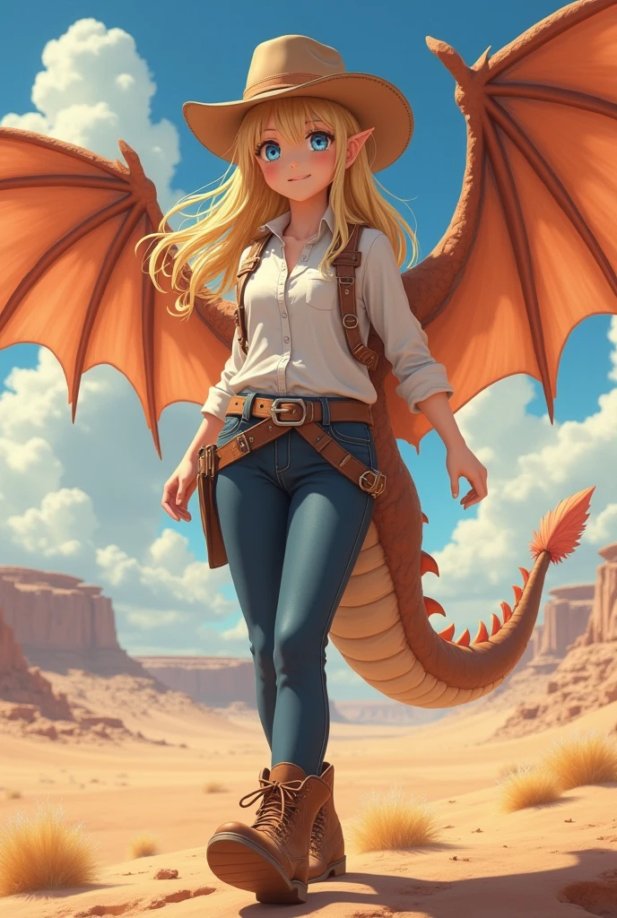 realistic anime girl, masterpiece, 3D, real life, 1girl, cute ager, blonde hair, beautiful eyes, cowgirl hat, desert dragon wings, desert dragon, full body, full body, white shirt, dark blue pants, boots, opened wings, western view,