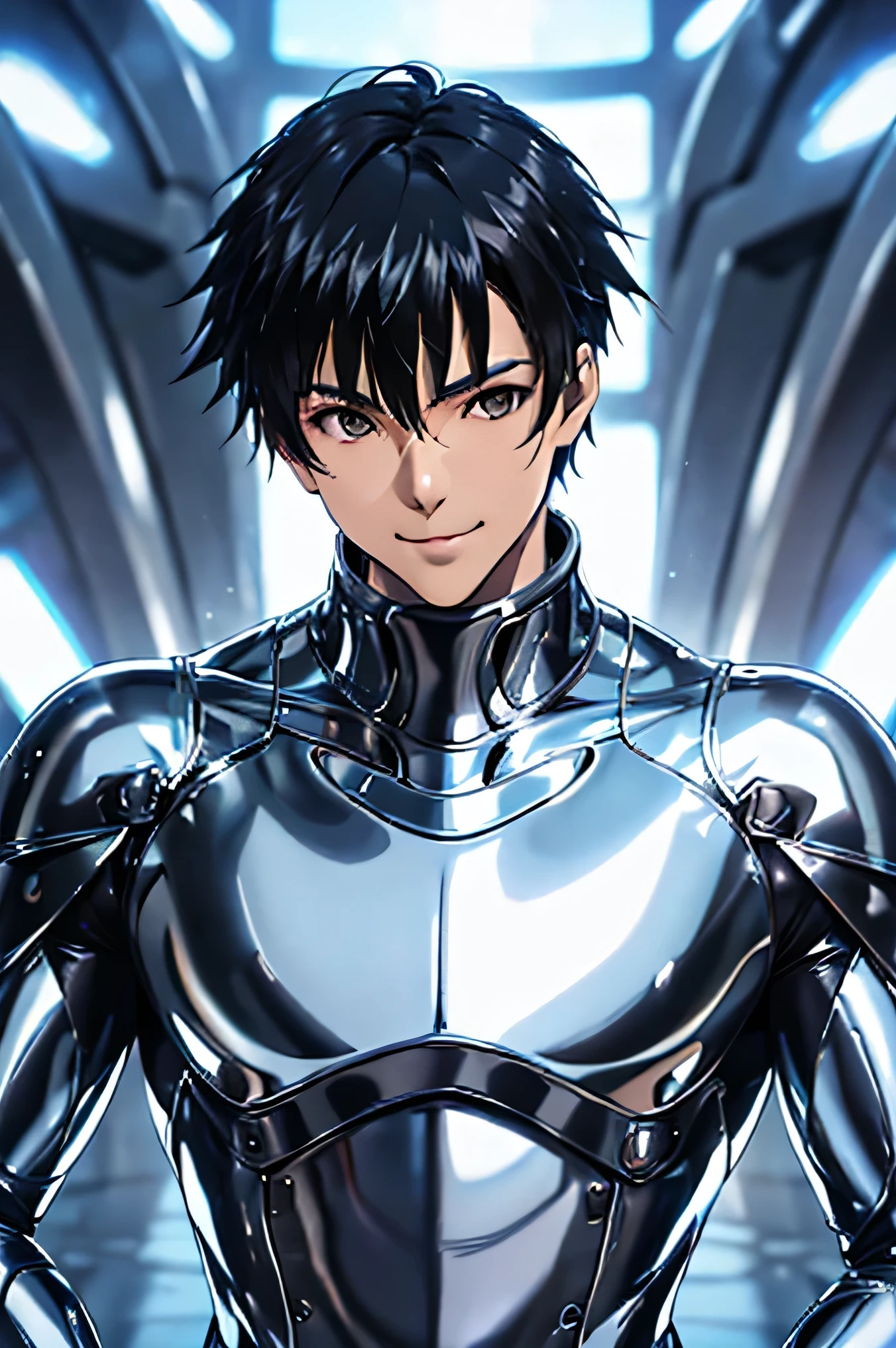 Handsome Japanese male models　　22 years old　smile　　　Black Hair　　Short cut　Short bangs　looking at the camera　　　　　Shiny full-body silver suit　　　Shiny silver latex suit　Mega Bulge　　looking at the camera　future world　　　　　Upper body close-up　Face close-up　　　　　Fierce