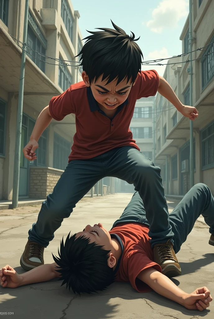 A 13-year-old boy kicking another boy who is lying on the floor