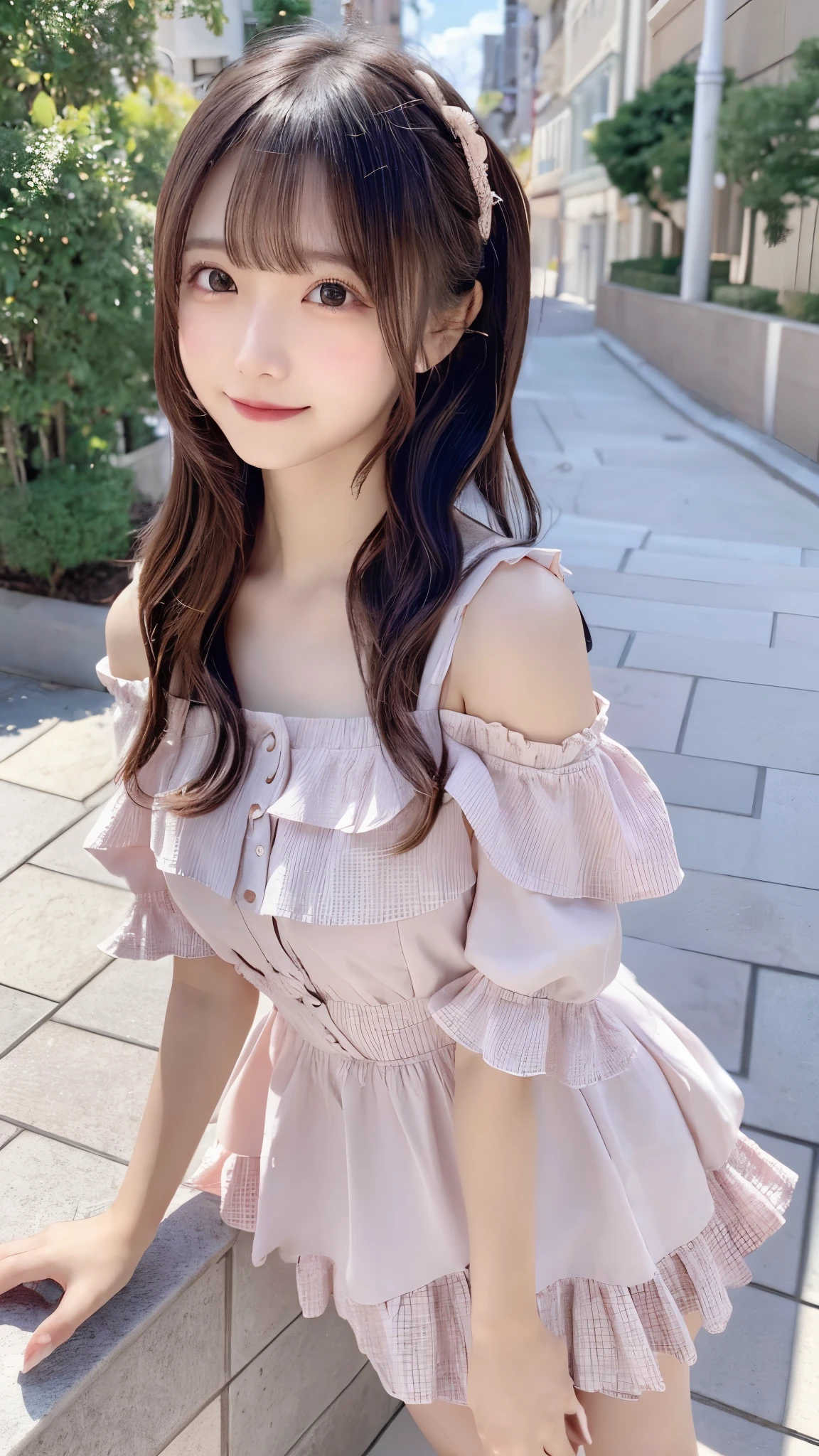 one person, High resolution, High resolution, Long Hair, Gauze, smile, bangs, Bangs between the eyes, Very Long Hair, High resolution, masterpiece, Anatomically correct, accurate, Winner of numerous awards, 最High quality, detail, Damaged, High detail, High-resolution model, High quality, quality, Very detailed, retina, Very detailed, Ultra high definition, Textured skin, Long Hair, bangs, Bangs between the eyes, Very Long Hair, bangs, Shiny Hair, Parted bangs, Hair blowing in the wind, Multiple ahoge, Hair that falls over the shoulders, Curly Hair, Hime cut, chest, smile, Simple Background, Cowboy Shot, Back view, Dutch Angle, Zoom Layer, Perspective, Fisheye Shot, First Person View, polarity, Focus: 35mm, 3D Isometric, 360° View, Focus: 85mm, Aerial perspective, Canon, Aperture value F1.8, Aperture value F1.2, Aperture value F16, Aperture F2.8, Aperture value F4.0, Fujifilm, Sony FE, Test model, Sony FE GM, Ultra Wide Angle, Social Media Composition, 8k octane, C4D, Super detailed, Super detailedな, Icon Style, Surrealism, Soft Light, Gentle colors, BLACK dress code,A single peach-colored off-the-shoulder peach miniskirt dress👗,pink mini skirt dress、pink black dress👗、Bold composition pose、