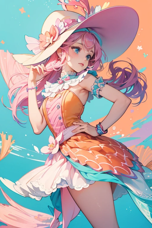Sandella has mint-colored skin with blue eyes, pinks lips, and brown eyebrows. She wears pink and blue eyeshadow with seafins and blue and pink dots around her eyes. Her pink hair surrounds her seahorse ears and reaches down to her hips.
Sandella wears a light purple bodice with a purple vest over it. The vest has two orange seashells and white scallops on the side. She wears a skirt with a pink elastic band. The skirt has a jagged trim while being longer in the back. There are pink and blue corals against an orange background on the skirt.
Sandella wears orange cowboy boots with a scaley texture for the soles and fins on the sides of the boots. She wars a purple cowboy hat and wears seafin bracelets. SPARKLE; GLITTER