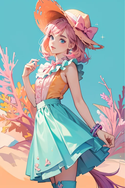 Sandella has mint-colored skin with blue eyes, pinks lips, and brown eyebrows. She wears pink and blue eyeshadow with seafins and blue and pink dots around her eyes. Her pink hair surrounds her seahorse ears and reaches down to her hips.
Sandella wears a light purple bodice with a purple vest over it. The vest has two orange seashells and white scallops on the side. She wears a skirt with a pink elastic band. The skirt has a jagged trim while being longer in the back. There are pink and blue corals against an orange background on the skirt.
Sandella wears orange cowboy boots with a scaley texture for the soles and fins on the sides of the boots. She wars a purple cowboy hat and wears seafin bracelets. SPARKLE; GLITTER