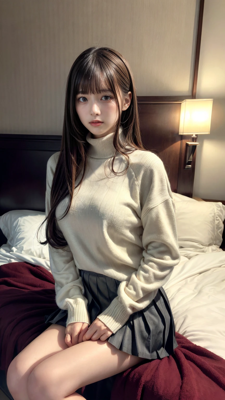 masterpiece, best quality, illustration, Super detailed, fine details, High resolution, 8K,wall paper, perfect dynamic composition,(Details High quality, realistic depiction of eyes:1.3),(Fleece jacket, turtleneck sweater, pleated skirt:1.2), long straight hair, black hair color, Big Natural Color Lip, crying a little、Harajuku style、20 year old girl、cute type、lolita、beautiful legs, hotel room, Gravure Idol, Voluptuous thighs