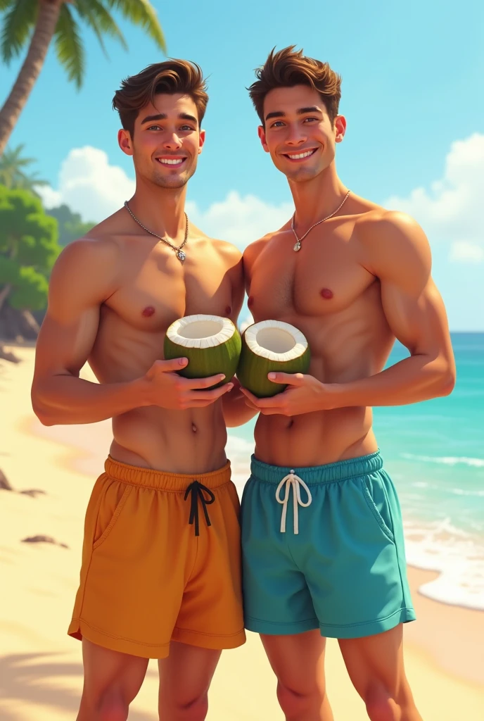 Two young cute handsome slim tall white men together on the beach with swimsuit and coconut in their hand