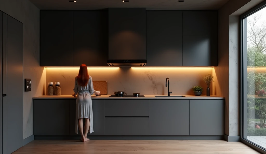 photo. A girl with a slender build and a narrow waist, elastic buttocks. Full-length rear view. Red-haired girl in a semi-transparent robe cooks at the stove in the kitchen.