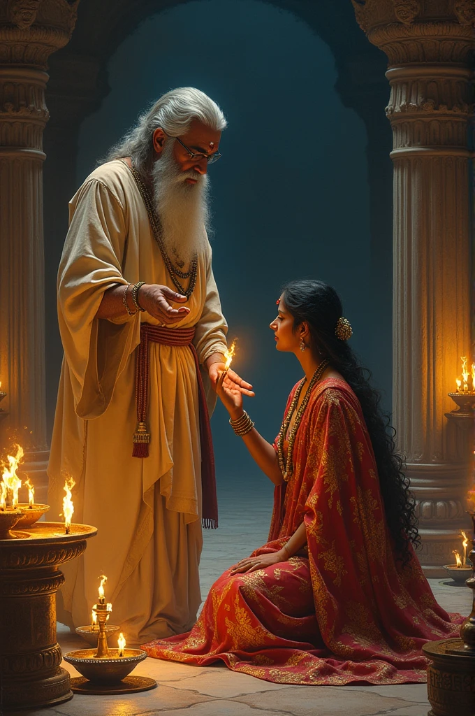 Maharishi ved vyas blessing with his hand to gandhaari lamps