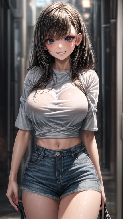 (masterpiece, Best Quality, High resolution:1.2), detailed face, detailed eyes, detailed skin, extremely detailed, intricate details,
 glamor photography, (1 girl, 20 years) wet on the street at night, wet skin, wet hair, wet white blouse, wet skirt, on one side,necessary, anatomically correct, textured skin, Super detail, High details, high quality, Best Quality, High resolution, 1080P, 4k, 8k, young man moving forward),（(Short Ripped Denim Mini Skirt, worn dirty)（）、A big smile showing teeth,(Previous view), Look at the camera., blue eyes, hot thick red lips, mouth open sensually, big breasts, very short waist, visible waist, photorealistic, kkw-ph1, ca45mv7-100, of_DeepNegative_v1_75t