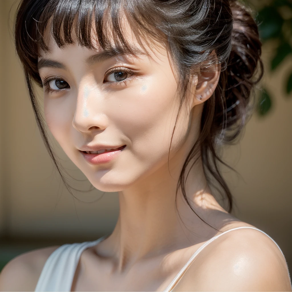 An ethereal and breathtakingly beautiful Japanese model and actress in her early 20s, depicted in an ultra-high-definition 4K image that reveals every intricate detail of her facial features with a slightly pulled-back view, capturing her upper torso. Her skin is hyper-realistic, showcasing a flawless complexion with a natural, warm beige undertone that exudes a soft, healthy glow. The skin tone has a subtle sun-kissed hue, avoiding excessive paleness while maintaining a smooth and supple appearance. The texture of her skin is meticulously detailed, with visible yet refined pores, a gentle dewiness that captures the light perfectly, and a natural elasticity that conveys a soft, supple feel. Her large, almond-shaped eyes are a deep, entrancing brown, with irises displaying complex color variations and reflections that give them a striking depth. She is looking directly at the camera, with her gaze conveying a calm and captivating intensity. Her eyes are framed by perfectly arched brows and naturally curled, thick lashes that create delicate shadows on her upper cheeks. Her lips are naturally full and slightly parted, with a soft, velvety texture and a delicate sheen, capturing the light in a way that emphasizes their plumpness and smoothness. Her straight, glossy black hair flows gracefully past her shoulders, each strand individually defined, reflecting a soft, natural sheen that adds to the overall realism. She is dressed in a simple, elegant outfit that complements her serene beauty, with the lighting expertly calibrated to enhance the contours of her face and the texture of her skin. Her expression is serene and confident, with a slight, enigmatic smile that adds an aura of sophistication and allure. The overall composition is designed to evoke a sense of ethereal beauty, with every element, from the finest details of her skin to the gentle fall of her hair, crafted to surpass human perception in realism, now shown in a slightly wider frame, and with her gaze dir