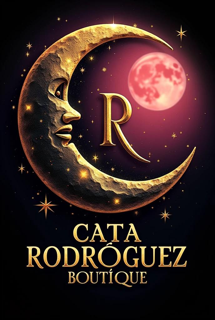 A gothic crescent moon with gold and black color with stars as if it were a C, Pink and black background, In the middle the capital letter R and at the bottom the phrase CATA RODRÍGUEZ BOUTIQUE in capital letters