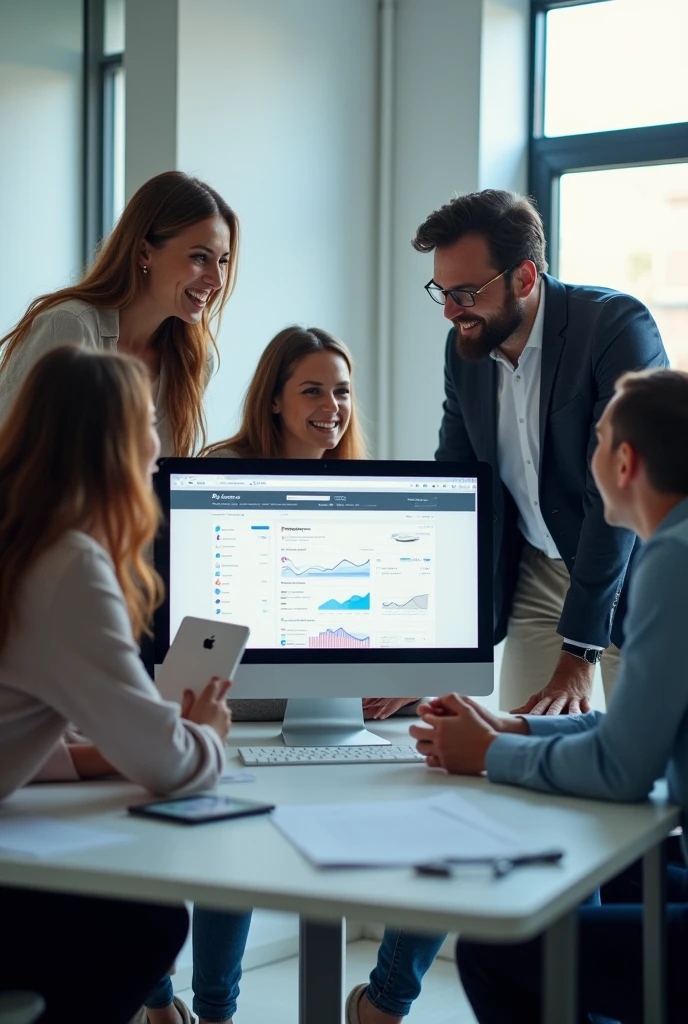 I want an image to put as a background on my website, I want people working together, looking at computer screen, team work.
