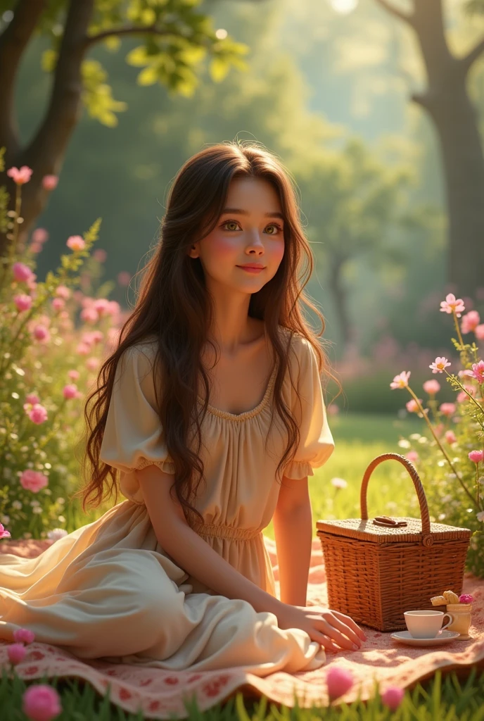 Sitting in an enchanted garden, having a picnic,The character has long, straight, messy, browns  hair, and she wears glasses. , bright yellow eyes, snow-white skin, a perfect and delicate face, she is very beautiful and is 25 years old, make the image in the Pixar style Disney, in 9:16 format. 