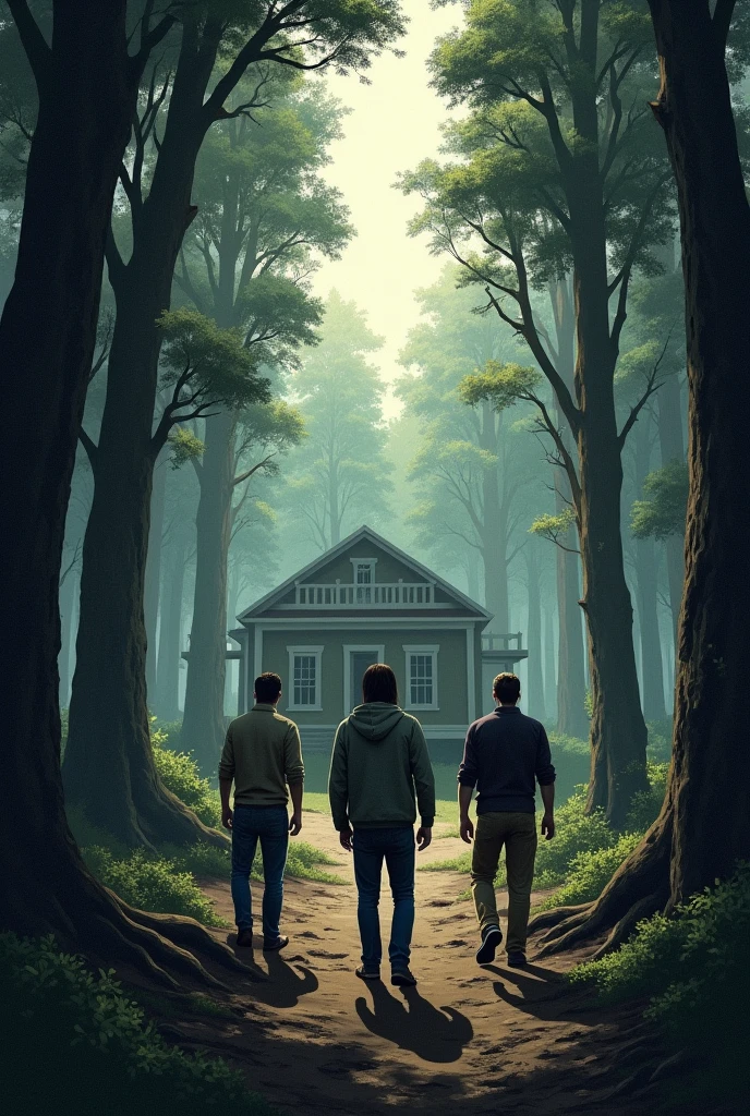 put several people who seem to be looking for someone in a forest with a house very sober during the day 