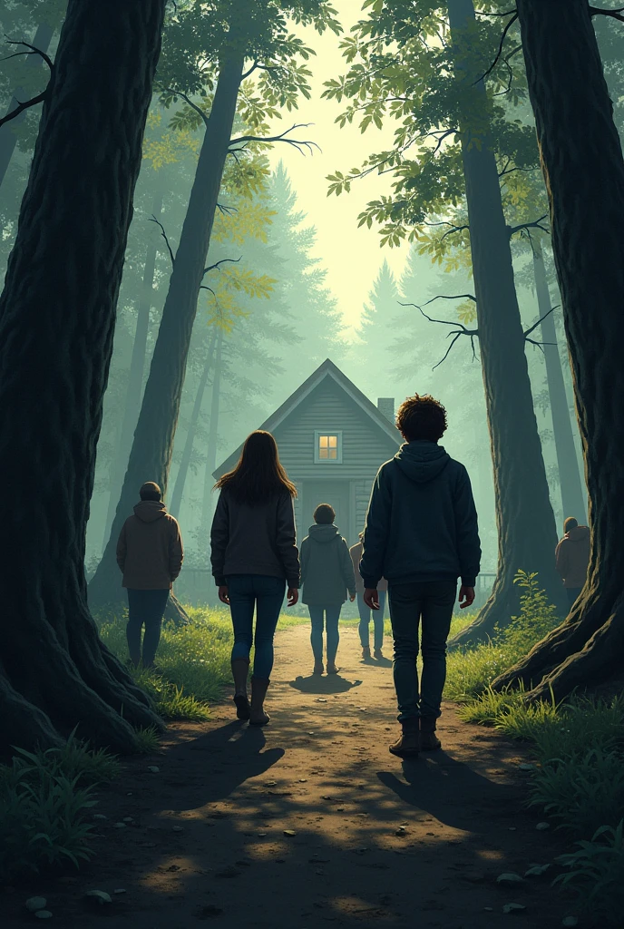 put several people who seem to be looking for someone in a forest with a house very sober during the day 