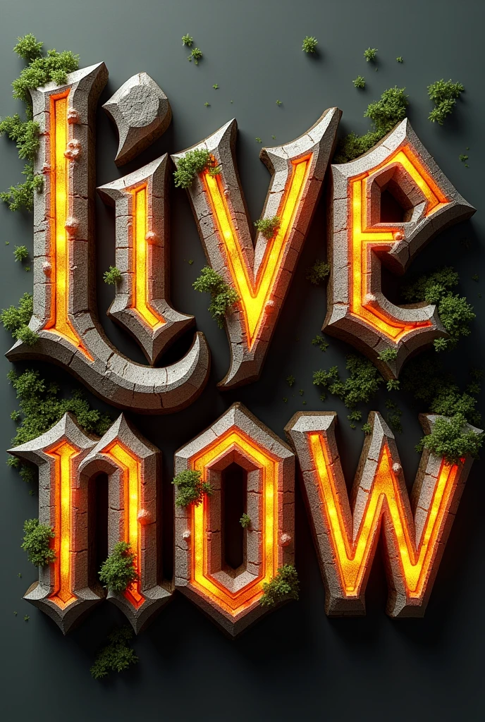 Create a 3D stylized text design for the word 'LIVE NOW' using a medieval fantasy-themed font. The font should have a bold, blocky appearance with subtle curves and intricate details. The letters should have a stone-like texture, with small cracks and moss growing on the edges to enhance the ancient, mythical feel. Use a rich golden color with a metallic finish for the text, and add glowing accents around the edges to make it stand out. The overall design should be majestic and powerful, suitable for a fantasy-themed logo