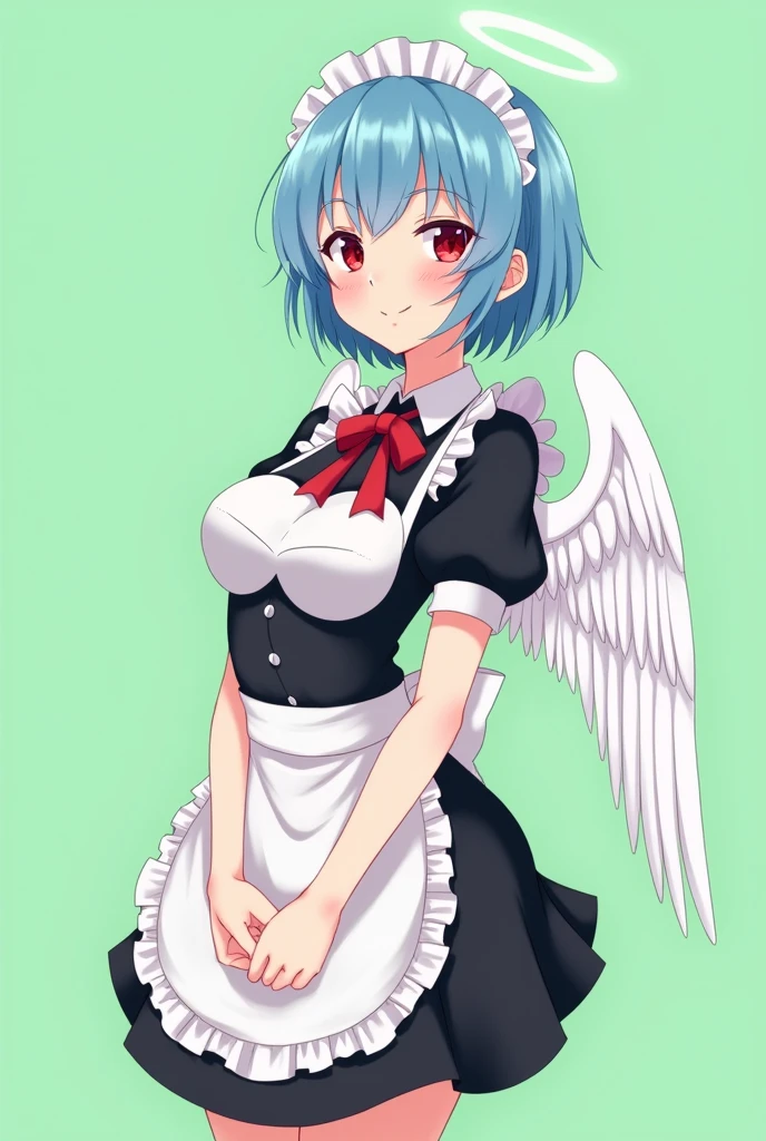 
Maid cafe maid with short blue hair, Red eyes, a sensual and happy expression, age range between 18 and 26 years, with angel wings, black uniform, anime style completely in 2D, with pastel colors, with a completely flat and green background