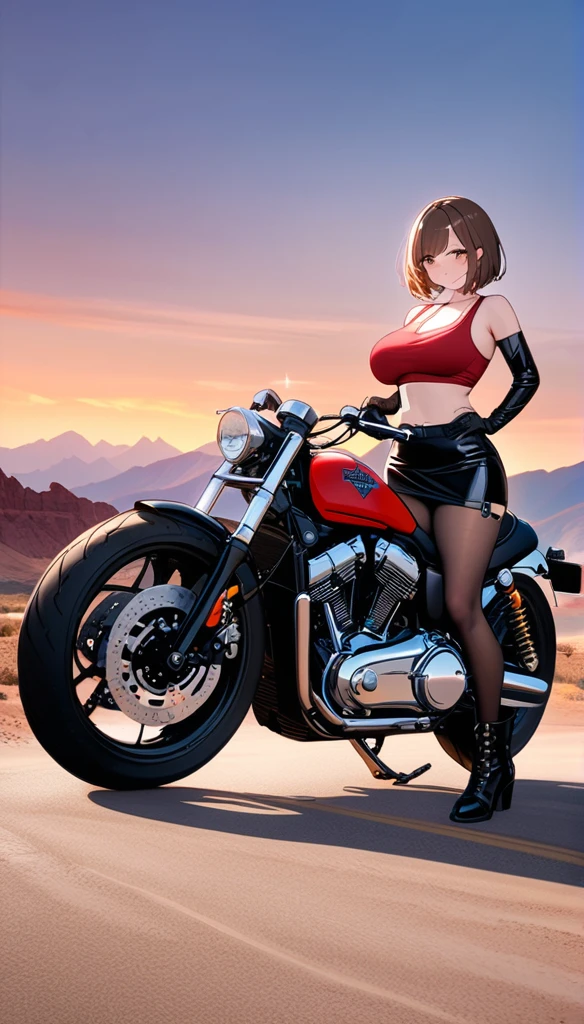 (One Woman),(Best image quality, 8k, masterpiece:1.3), Anatomically correct, ((Brown hair bob cut:1.1)),(Swept-apart bangs,), (Cute eyes, Dark Eyes), (Mole under right eye), (thin),(Glowing Skin:1.1),(Pale skin:1.2),(Fantasyな雰囲気),(look up),Ultra-high resolution, Textured skin, Sparkle Effect, Fantasy,Bright Eyes,Slender,Large Breasts,
Black Riders Jacket,Black Mini Skirt,Black leather gloves,Black Leather Boots,Black tights,Leg belt,Leg Ring,
Red sports bra,Red panties,Cleavage,Panty shot,
Harleyダビッドソン, Desert Landscape, Rocky Mountain,Rough road,evening,Sunset, Biker gang, A defiant smile, Lean back, sit,Big motorcycle,Harley,Spread your legs,M-shaped legs,Crotch close-up,
Smoke a cigarette,