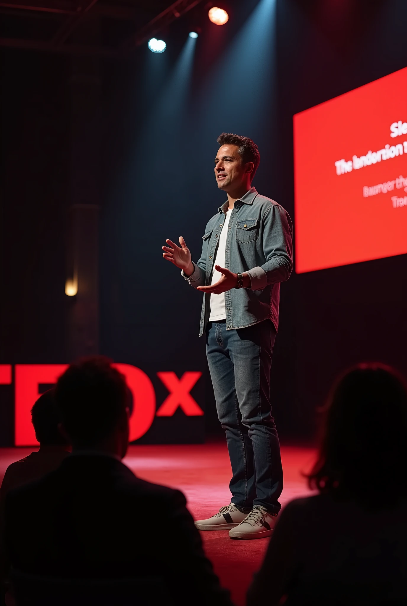 Latin American adult man, around 30 to 40 years old, giving an inspiring talk on a TEDx stage. He is dressed casually, wearing a button-up shirt and jeans, gesturing confidently as he speaks. The background of the stage displays the TEDx logo, with soft lighting and an attentive audience listening to him.


