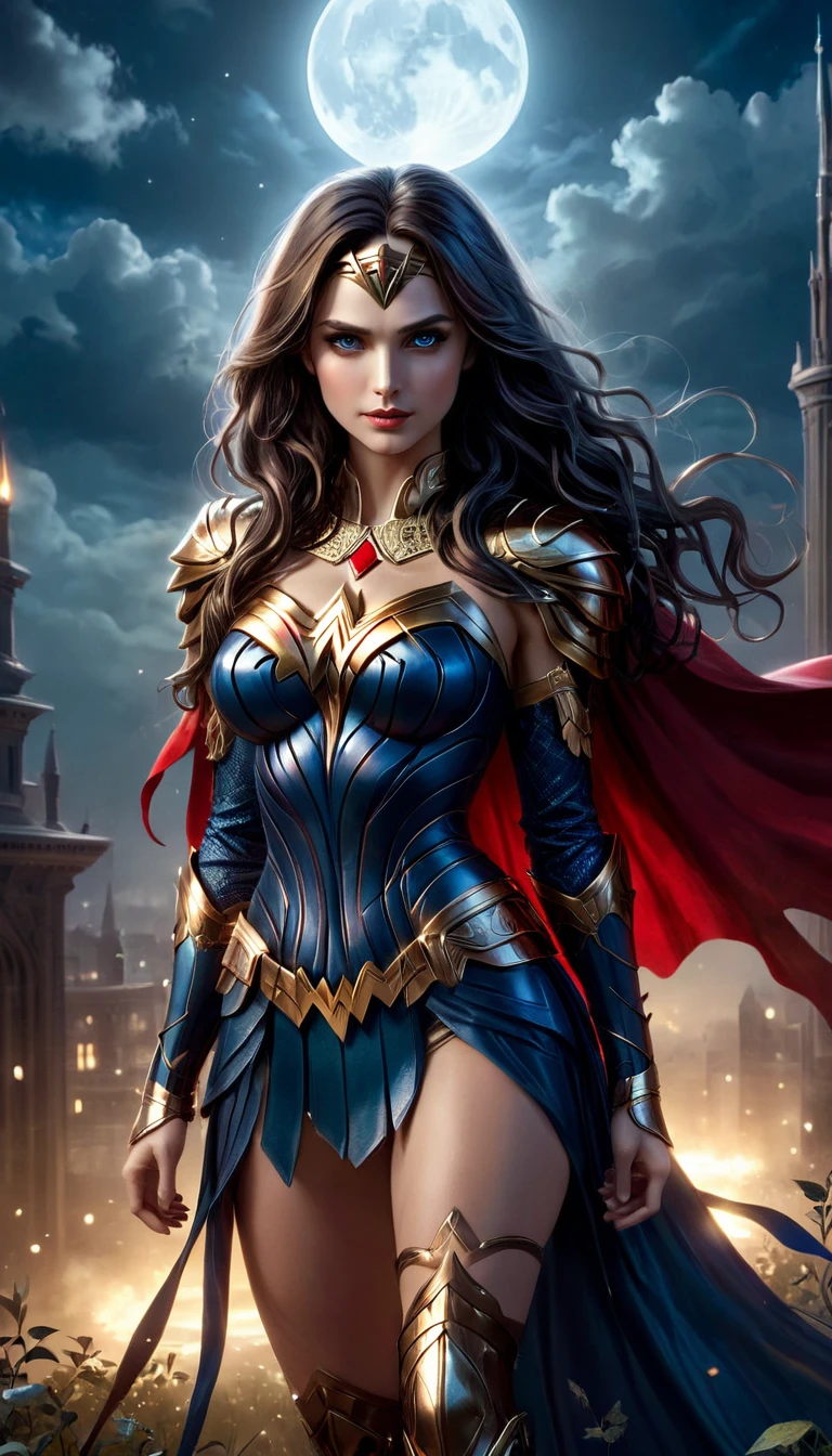 "((Full body photo, standing, feet on the ground)) fantasy art, gothic art, (masterpiece:1.5), full body best details, highly detailed, best quality, Glowing blue, highres, full body portrait of Wonder Woman, (Masterpiece, best quality: 1.6), ultra feminine, warrior, (intricate details, Masterpiece, best quality: 1.5) with long, wavy hair, dark color hair, (blue:1.3) eyes, (fantasy art, Masterpiece, best quality), ((beautiful delicate face)), Ultra Detailed Face (intricate details, fantasy art, Masterpiece, best quality: 1.5), [[golden tiara 1.5]], (red and gold armor: 1.3), flowing cape (intricate details, fantasy art, Masterpiece, best quality: 1.3), wearing an intricate (red and gold: 1.2) armor (intricate details, fantasy art, Masterpiece, best quality: 1.5), high-heeled boots, urban background (intense details, best details), fantasy, at night light, natural, moonlight, clouds, gothic atmosphere, soft light, dynamic light, [[anatomically correct]], high details, best quality, 8k, [ultra detailed], masterpiece, best quality, (extremely detailed), dynamic angle."