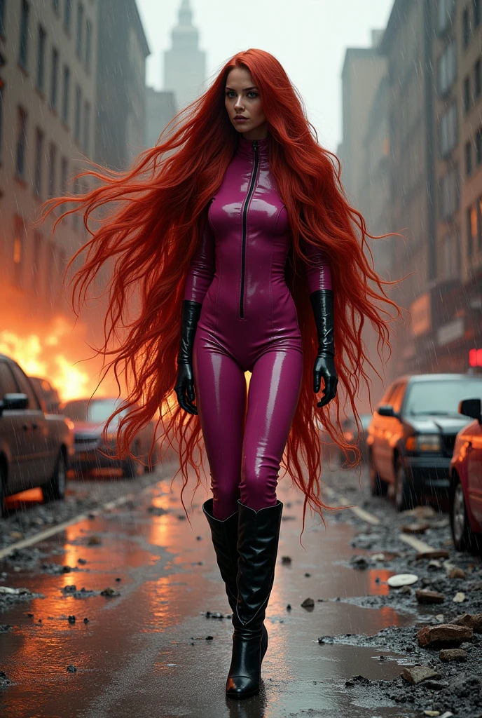 (((A beautiful woman with long red hair crawling along the road))),(((with extensive long red hair prenzil six feet long)))Adriana Lima wearing (((A fuchsia leather one-piece suit))) black leather gloves and boots standing in a rainy apocalyptic city burning cars and buildings ((((a long, six-foot-long head of red hair grabbing objects in the air)))) reflection of her in her blood red hair logo Marvel universe(((Her long hair dragging along the length and width of the road)))