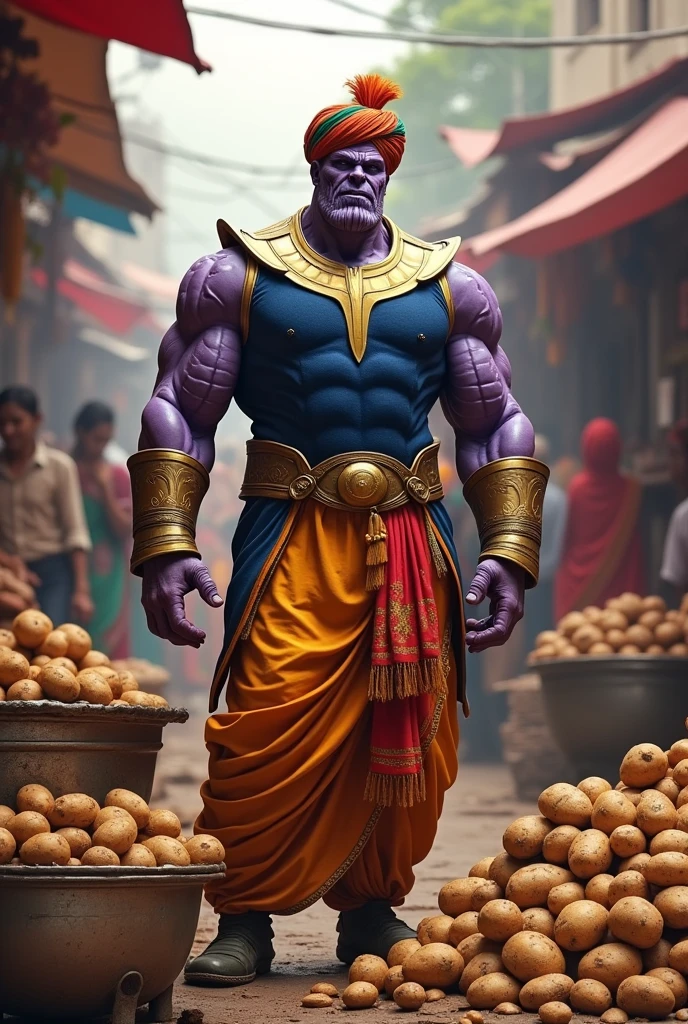 Picture Thanos from Avengers The selling potatoes in a lively Indian market. He is dressed in a vibrant indian attire kurta Dhoti and a turban. His imposing figure stands behind a stall brimming with fresh potatoes, surrounded by a bustling market.