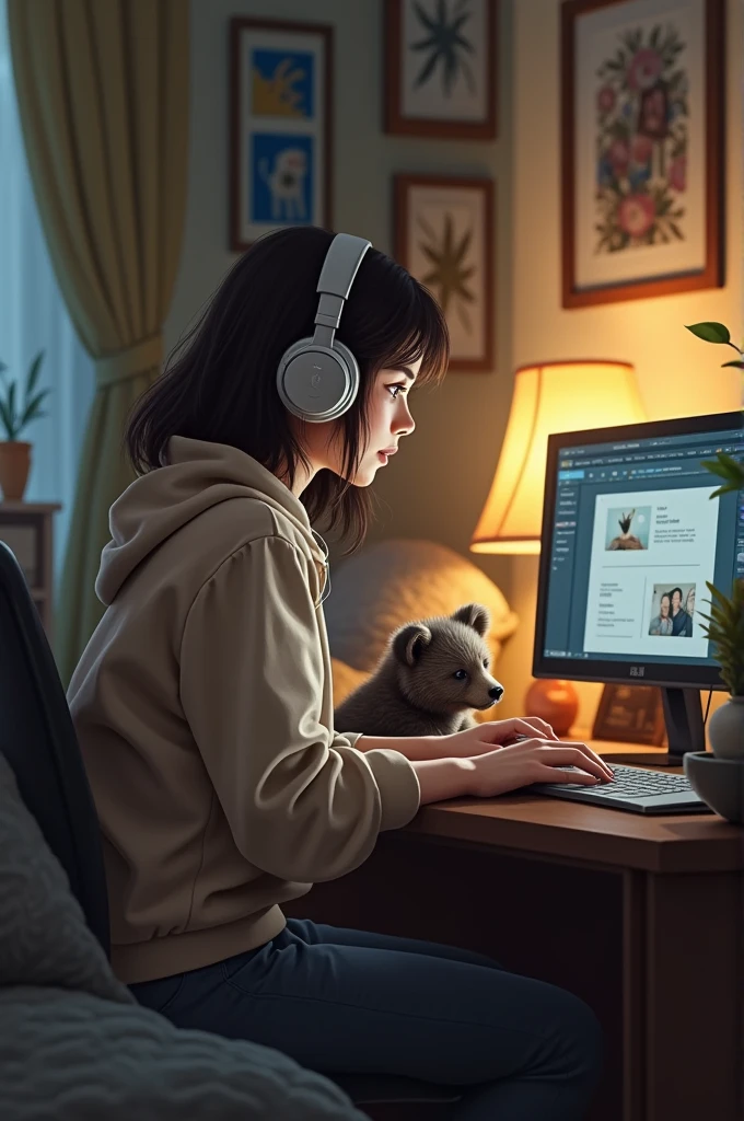 Image of a woman with headphones studying on the computer inside her room, there is a bear cub next to her