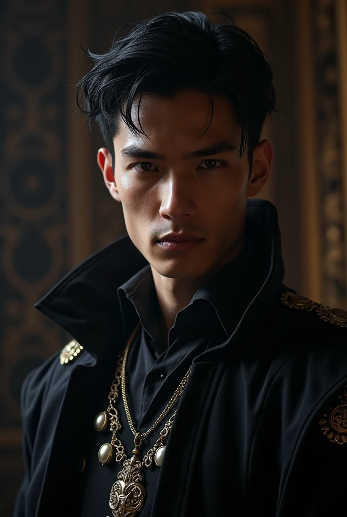 a 20-year-old, ruthless prince with short black hair. He should have a commanding, intense presence, reflecting his cruel nature. His attire should be regal and dark, adding to his imposing and seductive aura