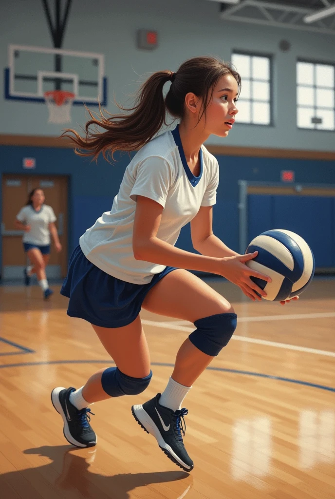 Long black haired high school girl volleyball club activity。
A painting that looks like a photograph。