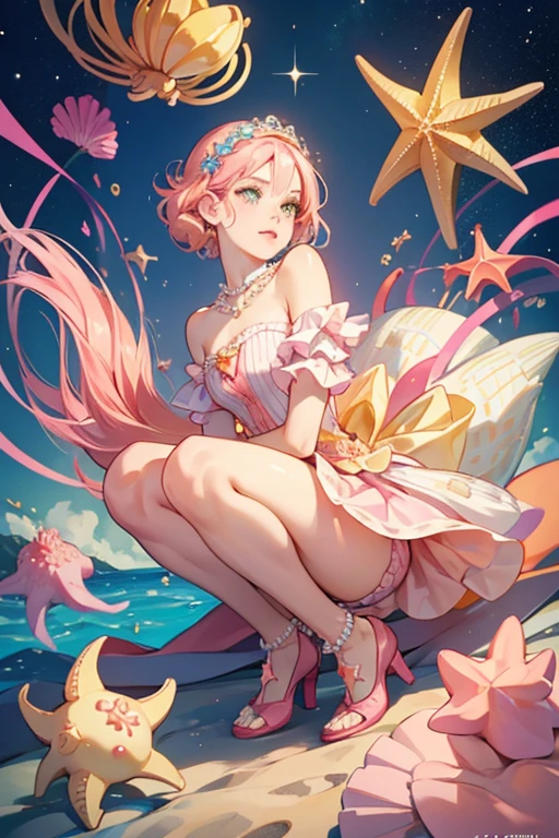 Starling has pastel yellow skin with green eyes, brown eyebrows, and pink lips. She has blue bubbles around her eyes and has two orange starfishes under her left eye. Her pink hair parts above her right eye and down to her knees. She has no animal ears or tail.
She wears a molded-on pink bodice with strings of pearls on it. There are pink shells down the middle of the bodice with blue bubbles between them. She wears an orange rubber starfish skirt.
Starling wears red open-toe shoes with starfishes on the front of the shoes and pearls at the top. She has a painted on pearl necklace and a headband made out of shells with a starfish on top. SPARKLE; GLITTER