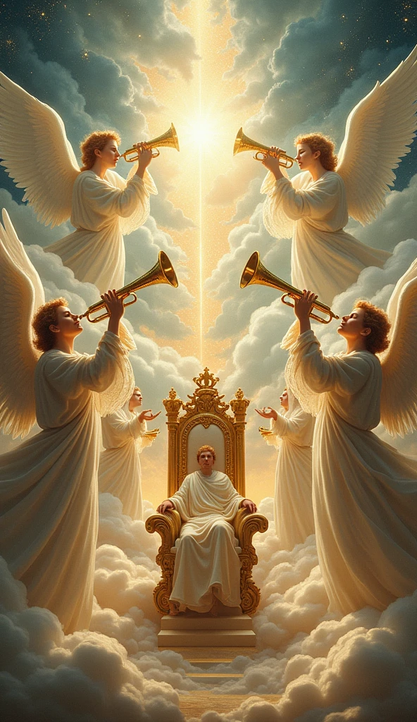 celestial beings playing the trumpet around the golden throne