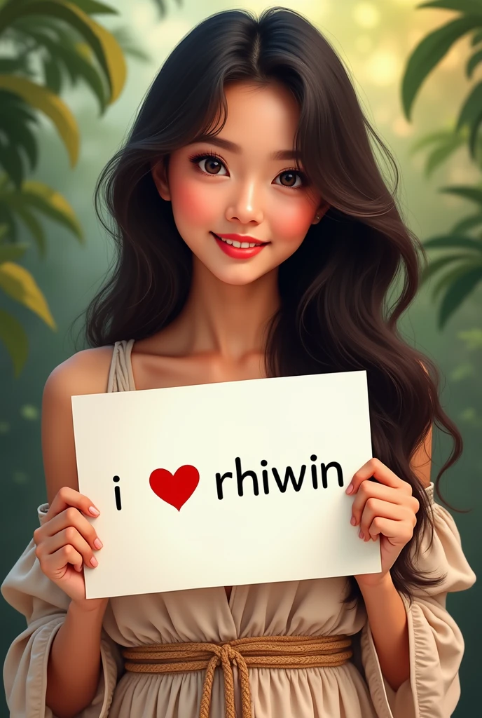 Beautiful indonesia girl with wavy long hair, bohemian dress, holding a white board with text "I Love Rhiwin" and showing it to the viewer