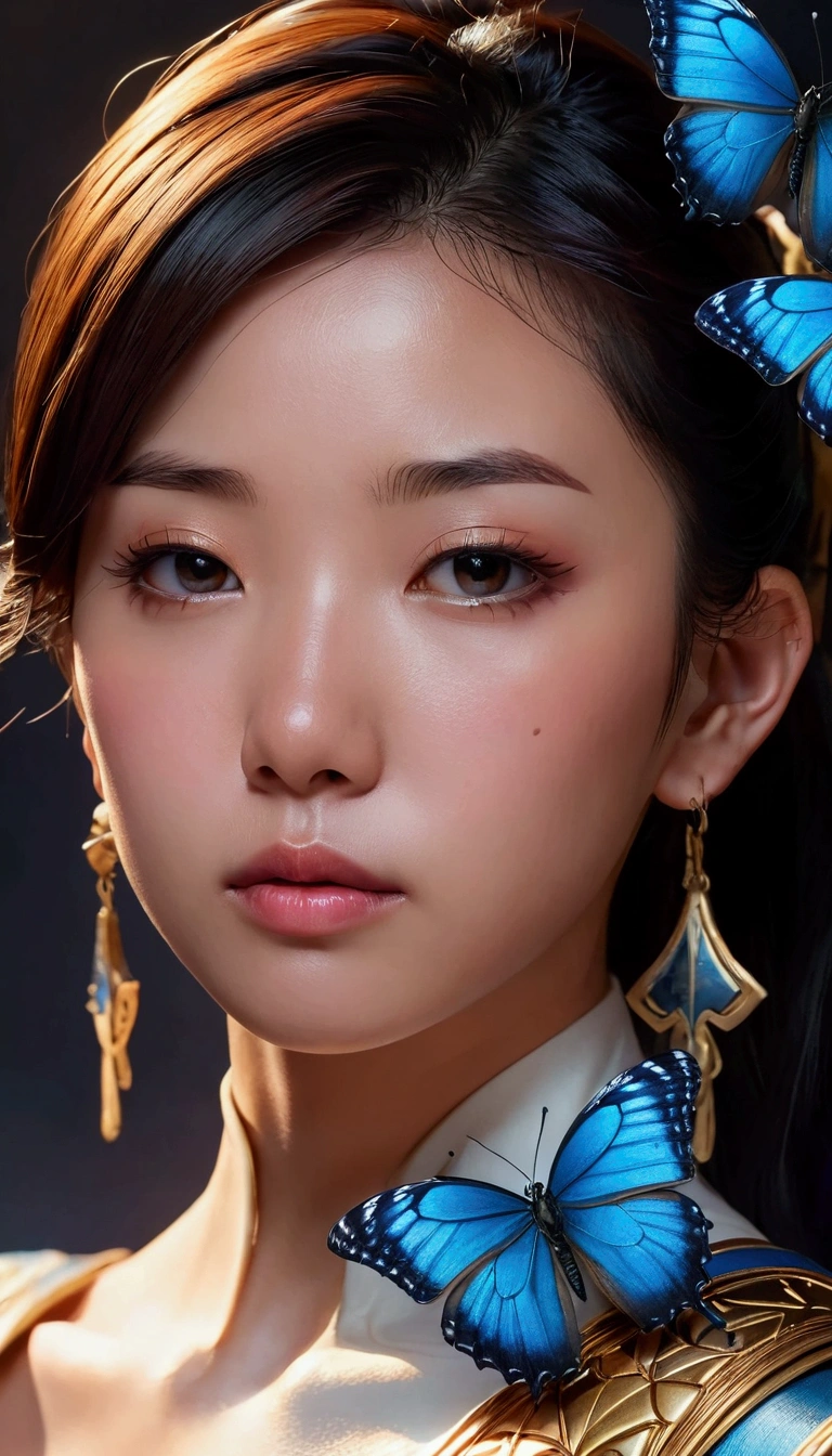 a close up of a woman with a butterfly on her shoulder, portrait knights of zodiac girl, yun ling, extremely detailed artgerm, heise jinyao, inspired by Pu Hua, irelia, inspired by Wu Bin, inspired by Ju Lian, artgerm detailed, zhongli from genshin impact, inspired by Wu Li, inspired by Shen Zhou