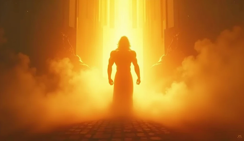 a symbolic image showing the figure of Samson fading into a golden light, with the shadow of his deeds in the background. Warm and ethereal colors, como laranja e amarelo, convey a sense of legacy and memory.