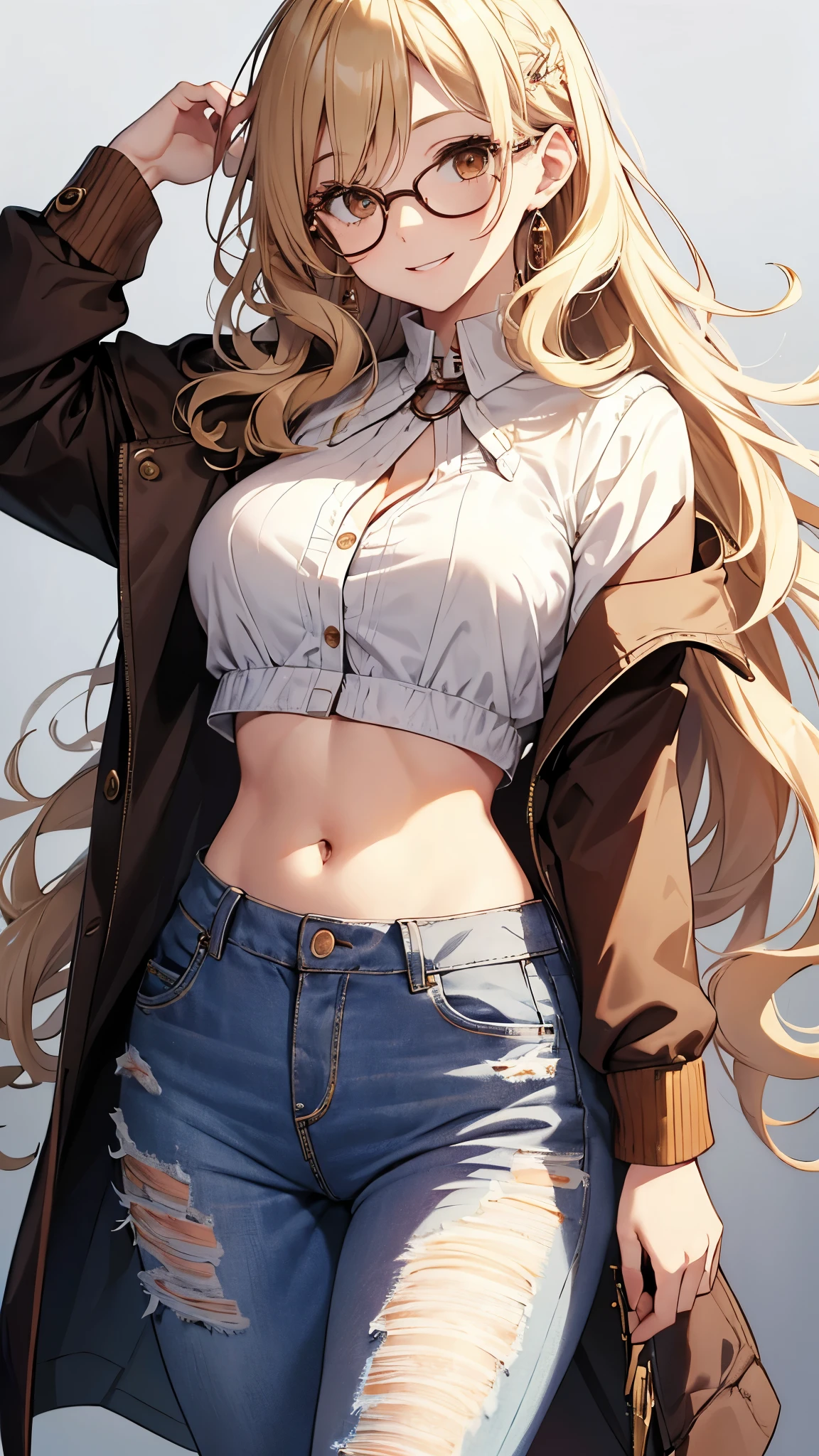 girl, (White skin, White skinned female), (Wavy Hair), Blonde, Brown eyes, Glasses, Tops Blouses, Neckline, belly button, jeans, A kind smile,,
One person, High resolution, Highest quality, 