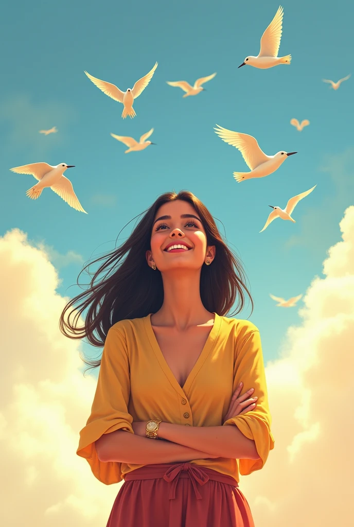 Background: Birds soaring in the sky, Radha smiling confidently.Text on screen: "Life: Before dreaming, courage is essential!"