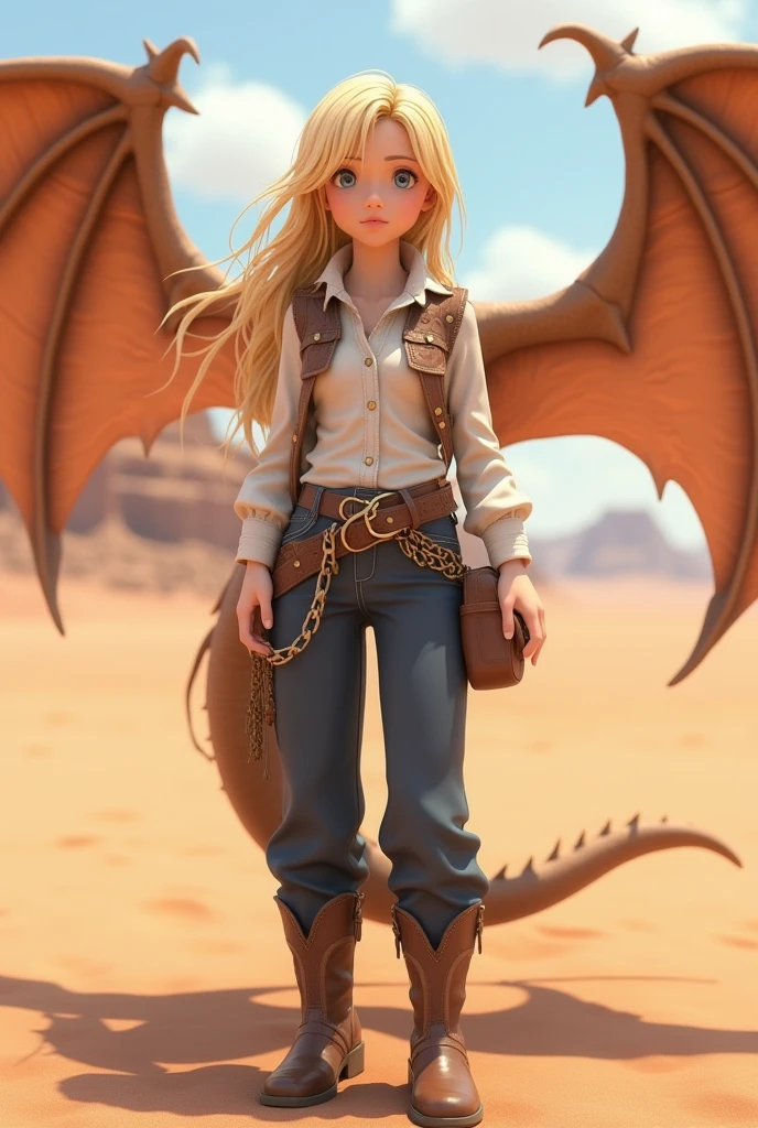 anime girl, realistic, masterpiece, 3D, real life, 1girl, cute teenager, blonde hair, beautiful eyes, cowgirl hat, desert dragon wings, desert dragon, full body, full body, white shirt, dark blue pants, boots, opened wings, western view,