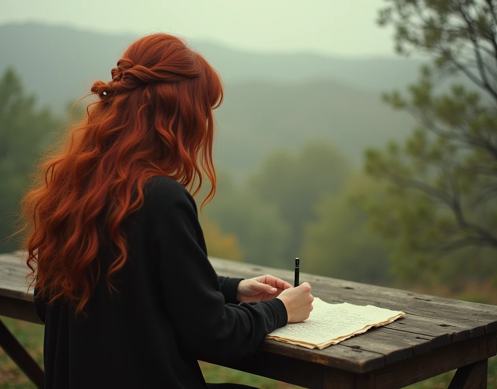 Redhead seen from behind writes on paper on a rustic table. Provence. haze. 超detailded. Provence. Foggy . High grain film. retro photography, David Hamilton Style. Analog photography. grainy. nymph.