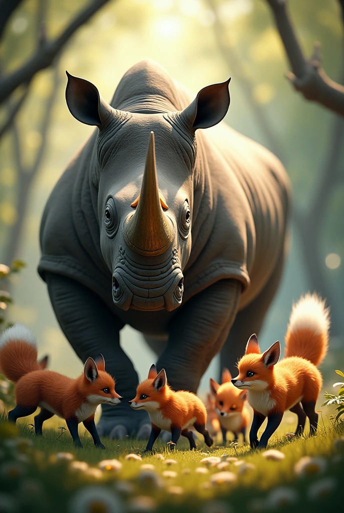 Rhino surrounded by foxes