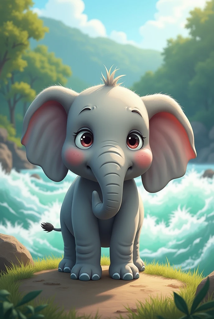 2d, Simple and cute, with gentle colors like a picture book , 8k, Highest quality,cute,Big anime eyes,流れの激しいアマゾンriverの手前の陸に不安な顔で立つ象(image: elephant, river),Anxious expression,Troubled expression