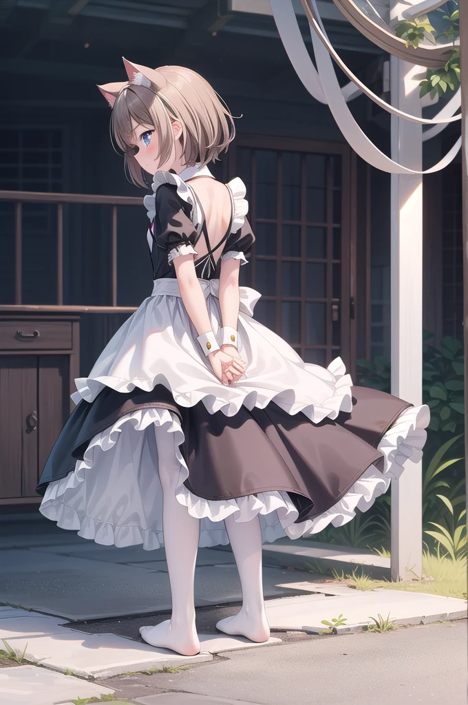 Solo Girl, 20-year-old,Medium Hair, Light brown hair, Mid-chest, highest quality, High resolution, Very detailed, Detailed Background, Perfect lighting、Extreme maid outfit、very cute, Blue eyes, a pair of cat ears, Blush, White pantyhose, No shoes on, On the ground, Bind hands and feet, back view